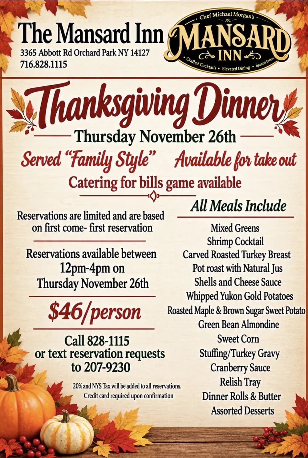 Thanksgiving Dinner flyer — Thursday November 26th, $46/person, served family style, available for take out